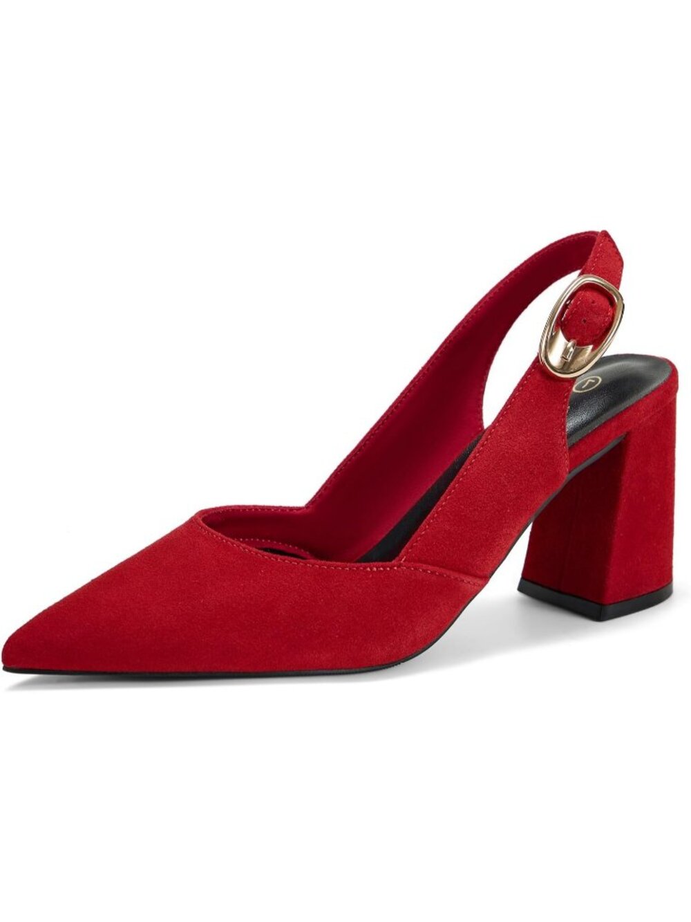Women's Red Suede Pointed Toe Slingback Block Heel Adjustable Buckle Pumps